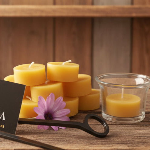 10 Beeswax tealight refills with 2 glass holders