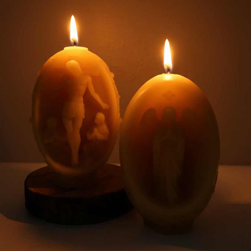 Embossed beeswax Floral pillar with Angel praying