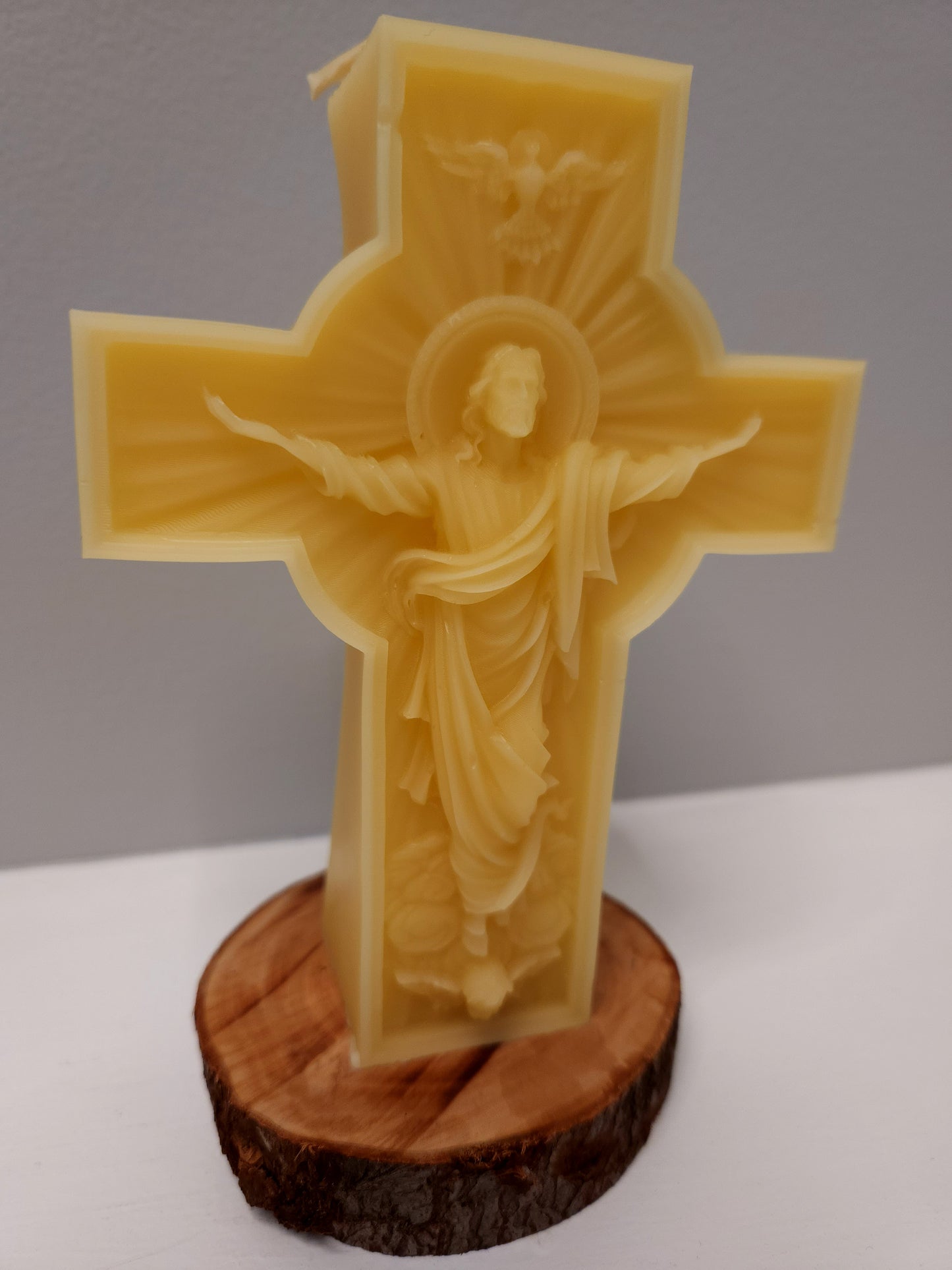 Large beeswax 3D candle with Christ on crucifix