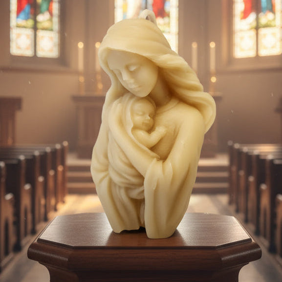A beeswax statue of the Virgin Mary embracing a baby, with a plain background.