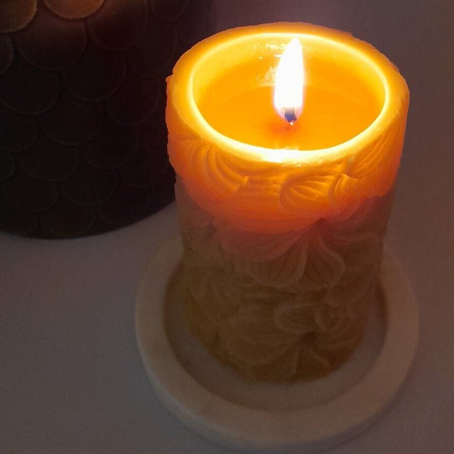 Floral detail beeswax pillar candle