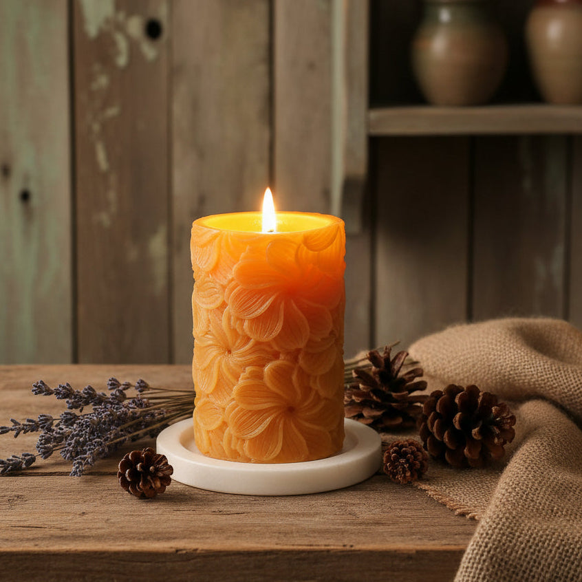 Floral detail beeswax pillar candle
