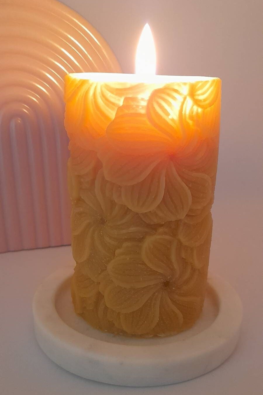 Floral detail beeswax pillar candle