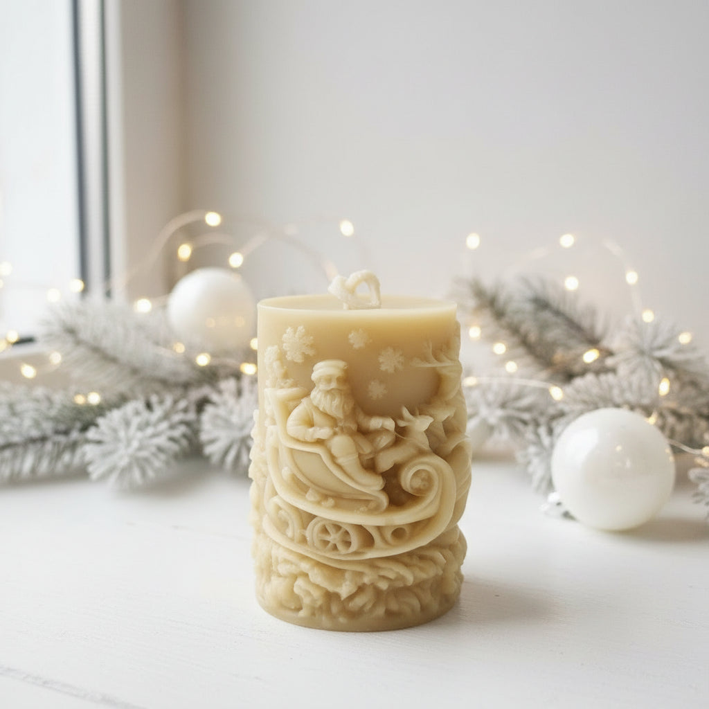 Beeswax Christmas pillar - Santa on sleigh