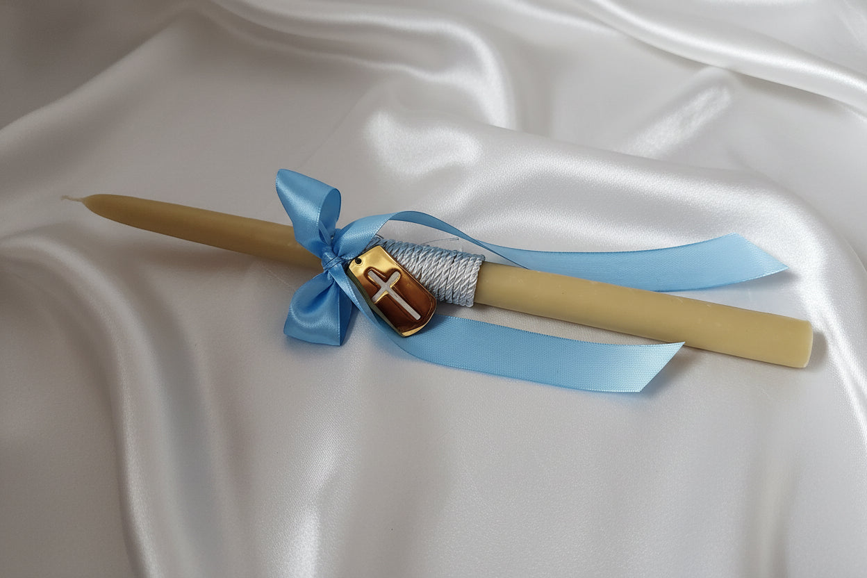 Beeswax Palm Sunday - Orthodox Easter candles / Boys Lambatha with gold cross pendant