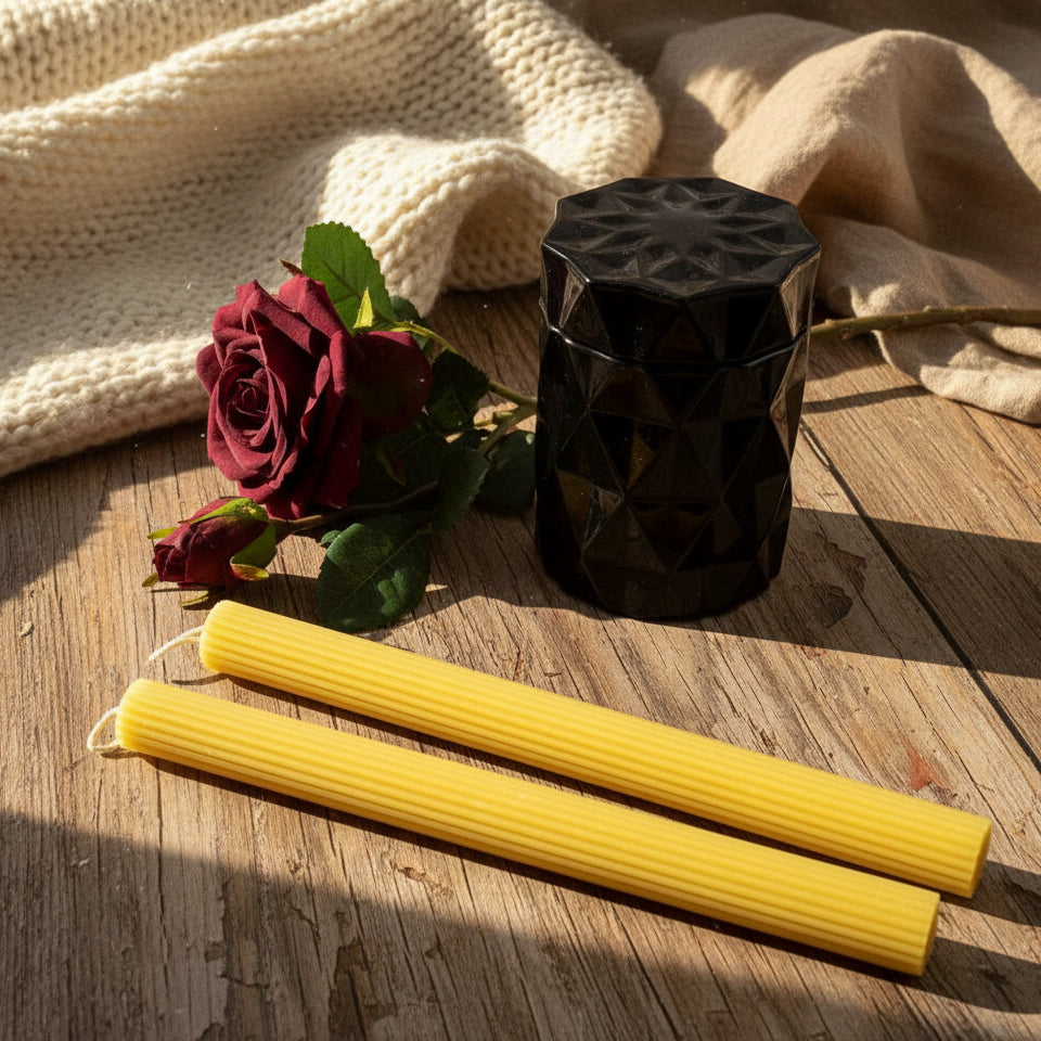 Beeswax ribbed dinner taper candles set of 2