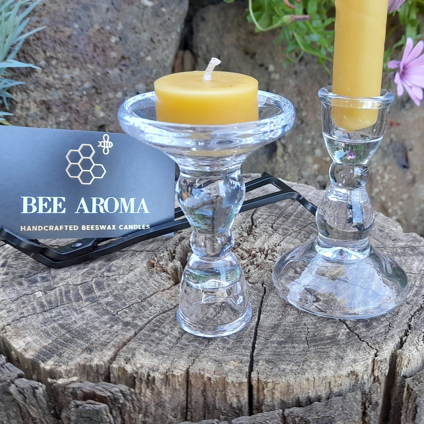 2 in 1 glass holder pack with beeswax tealights and taper candles