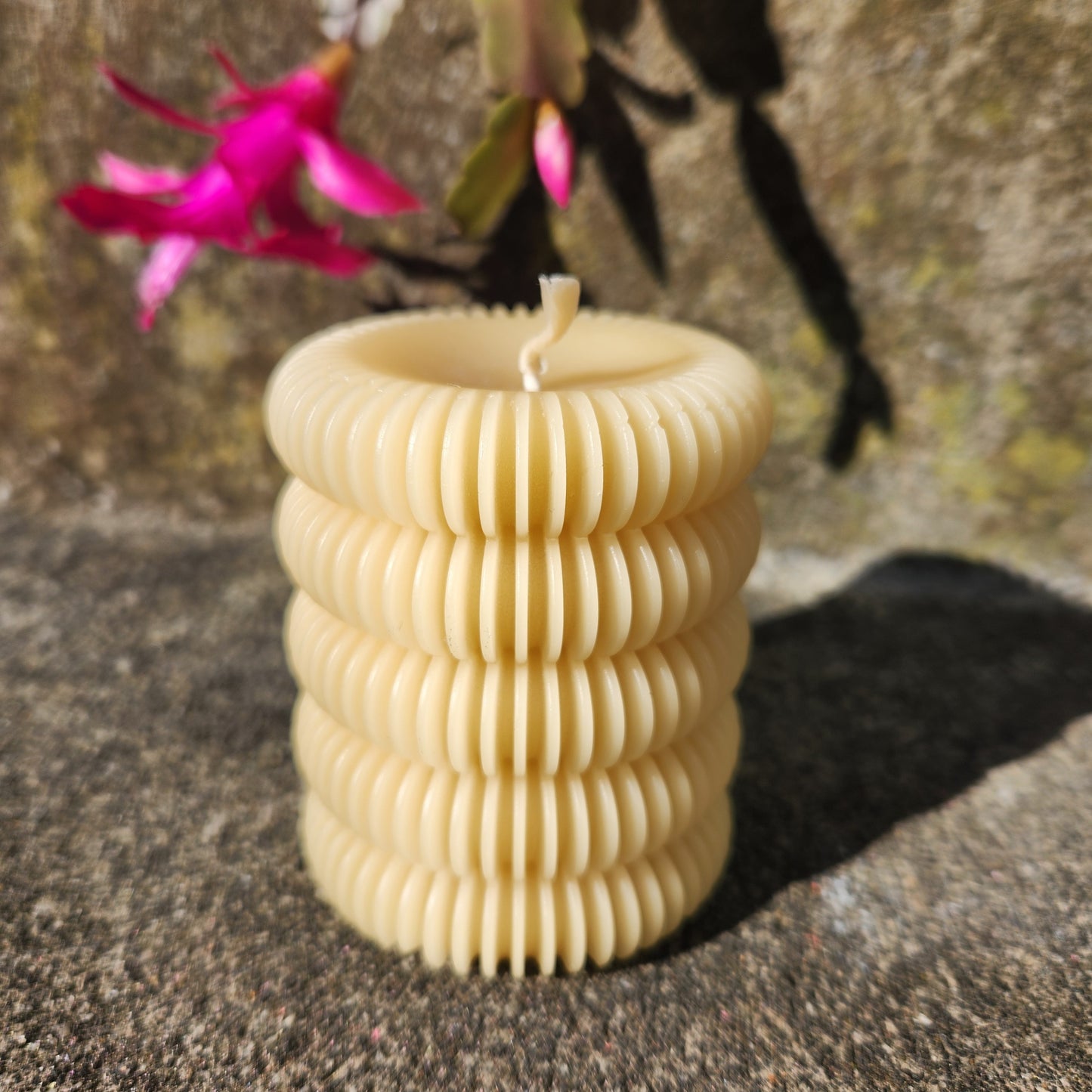 Scalloped beeswax pillar candle