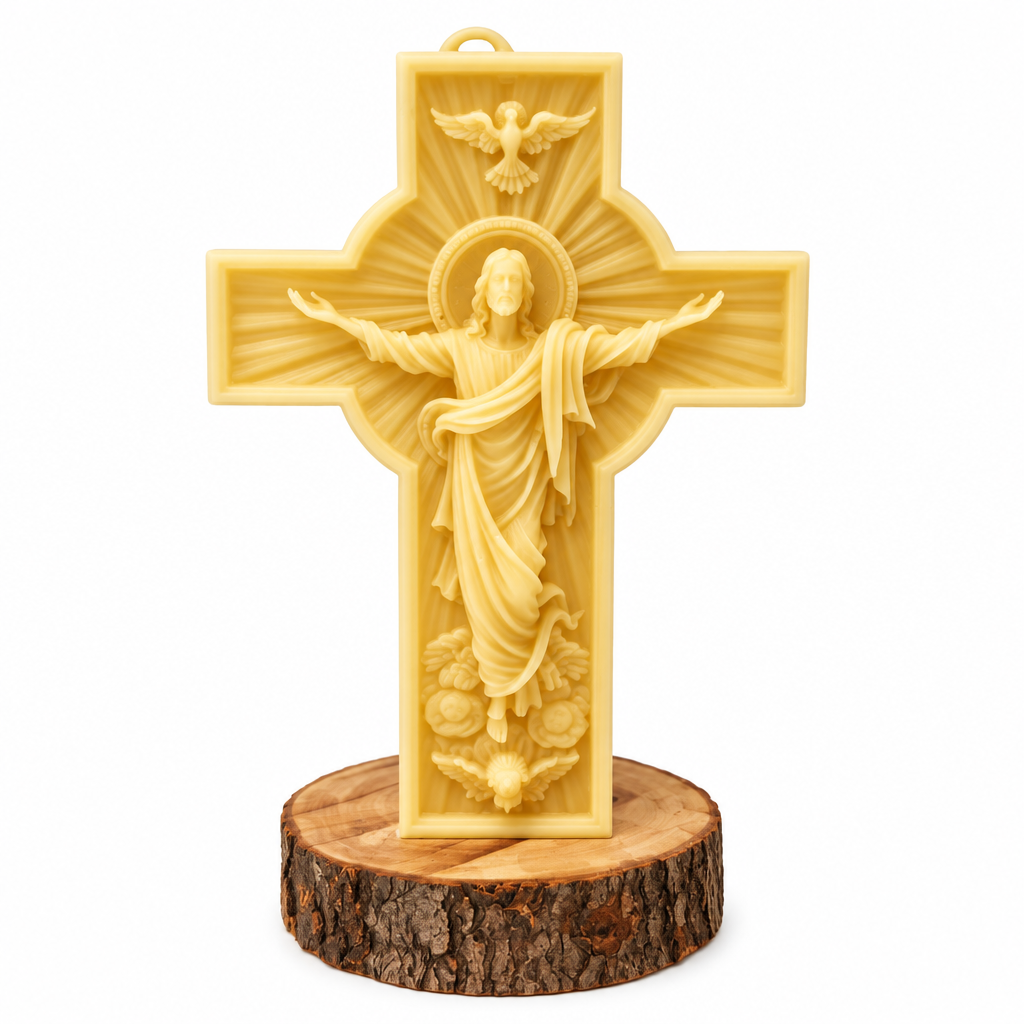 Large beeswax 3D candle with  Christ on crucifix