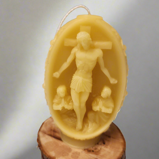 Embossed beeswax Floral pillar with  Christ on crucifix