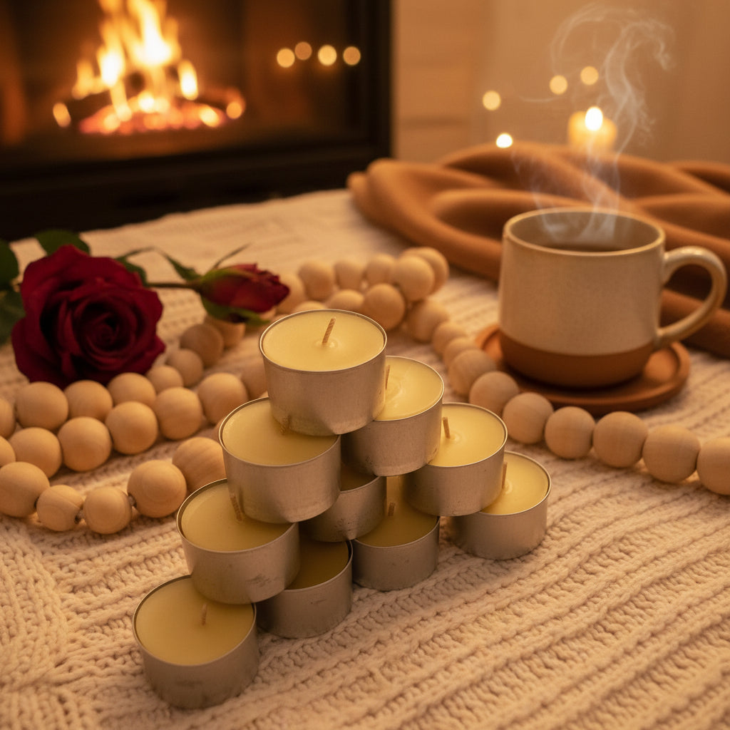 Tealight glass holders with beeswax tealight candles
