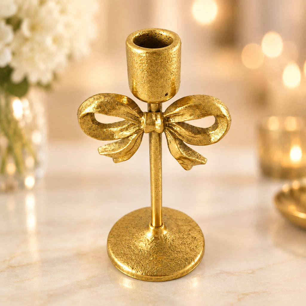Gold Candle Taper Holder with Bow