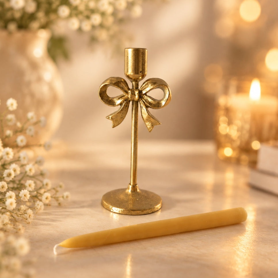 Gold Candle Taper Holder with Bow