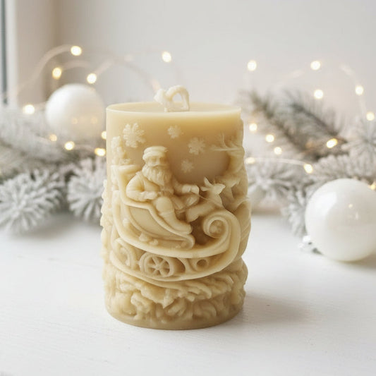 Beeswax Christmas pillar - Santa on sleigh