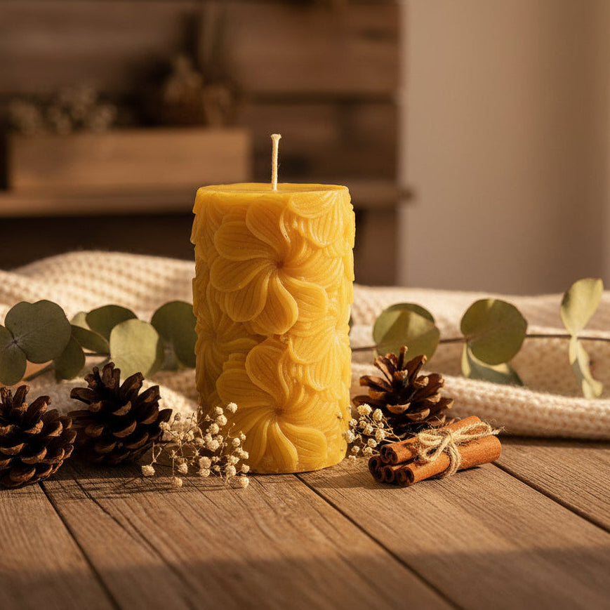 Floral detail beeswax pillar candle