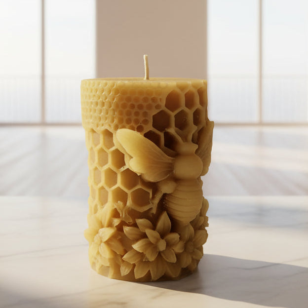 Bee Pillar Beeswax Candle - 8cm