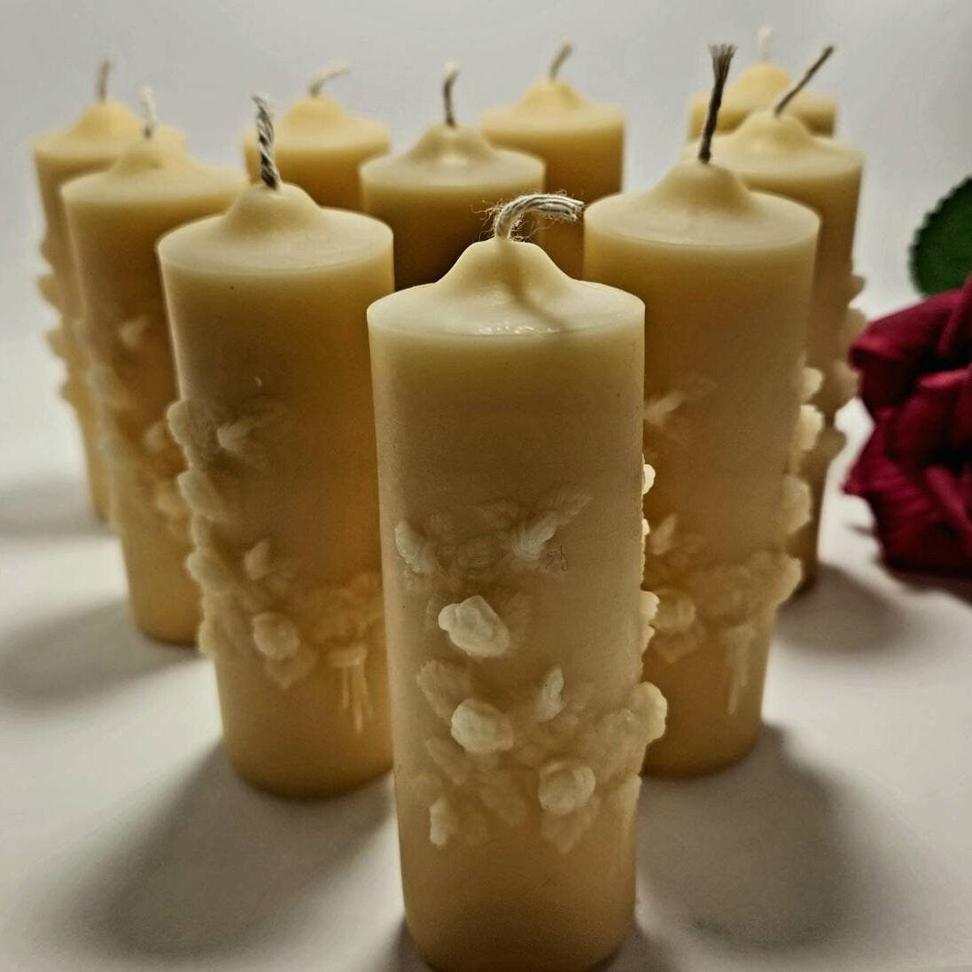 Artisan mini rose beeswax pillar candle